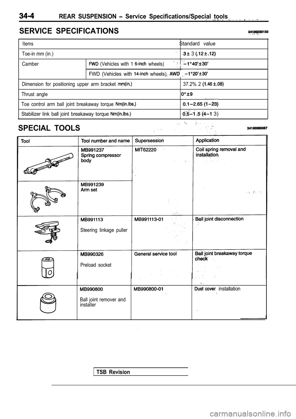 MITSUBISHI SPYDER 1990  Service Repair Manual REAR  SUSPENSION   Service  Specifications/Special  tools, ,   . 
SERVICE  SPECIFICATIONS
Items
Toe-in mm (in.)
Standard  value
 3 
Camber  (Vehicles  with  1   wheels)
FWD  (Vehicles  with   wheels),