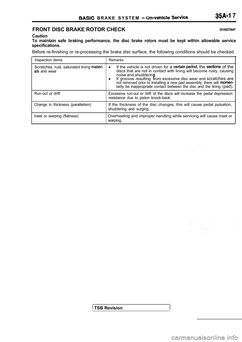 MITSUBISHI SPYDER 1990 Service Repair Manual B R A K E S Y S T E M 7 .
FRONT DISC BRAKE ROTOR CHECK
35100270047
Caution
To maintain safe braking performance, the disc brak e rotors must be kept within allowable service
speci MITSUBISHI SPYDER 1990 Service Repair Manual B R A K E S Y S T E M 7 .
FRONT DISC BRAKE ROTOR CHECK
35100270047
Caution
To maintain safe braking performance, the disc brak e rotors must be kept within allowable service
speci