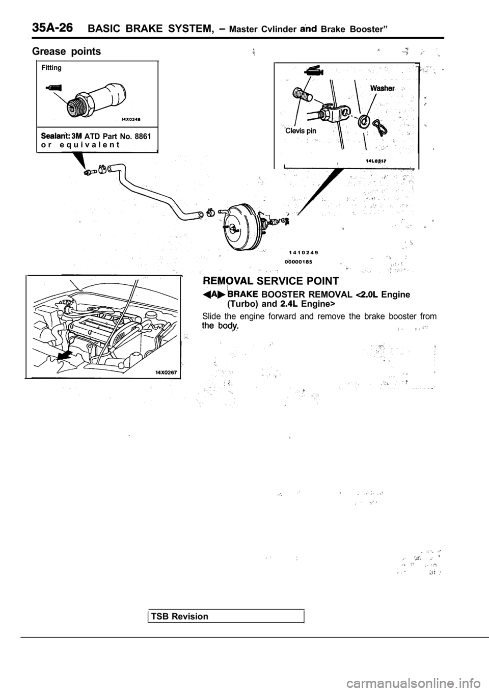 MITSUBISHI SPYDER 1990 Service Repair Manual BASIC BRAKE SYSTEM, Master Cvlinder Brake Booster”
Grease points
Fitting
ATD Part No. 8861
o r e q u i v a l e n t
1 4 1 0 2 4 9
SERVICE POINT
BOOSTER REMOVAL Engine
(Turbo) a MITSUBISHI SPYDER 1990 Service Repair Manual BASIC BRAKE SYSTEM, Master Cvlinder Brake Booster”
Grease points
Fitting
ATD Part No. 8861
o r e q u i v a l e n t
1 4 1 0 2 4 9
SERVICE POINT
BOOSTER REMOVAL Engine
(Turbo) a