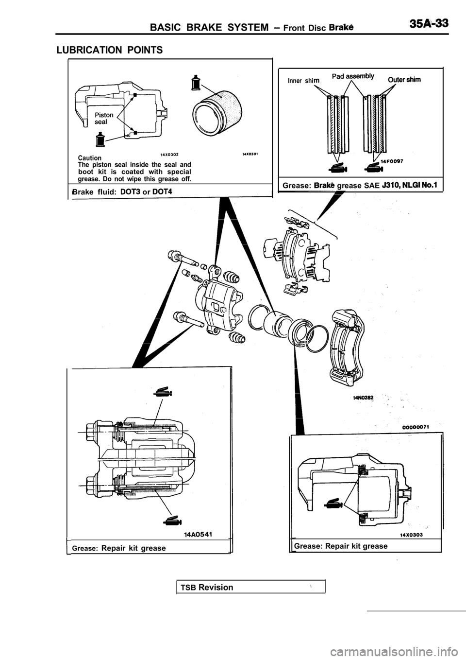MITSUBISHI SPYDER 1990  Service Repair Manual BASIC  BRAKE  SYSTEM   Front  Disc 
LUBRICATION  POINTS
CautionThe  piston  seal  inside  the  seal  andboot  kit  is  coated  with  specialgrease.  Do  not  wipe  this  grease  off.
Brake  fluid:   o