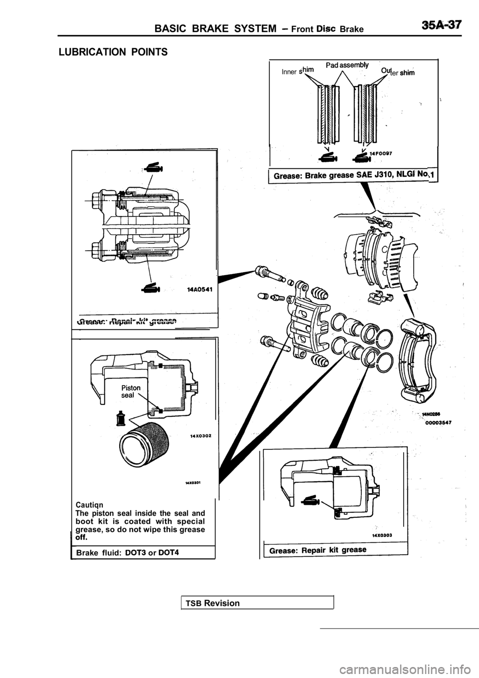 MITSUBISHI SPYDER 1990  Service Repair Manual BASIC  BRAKE  SYSTEM   Front   Brake
LUBRICATION  POINTS
Innerter
Grease: Brake grease SAE 
Cautiqn
The  piston  seal  inside  the  seal  and
boot  kit  is  coated  with  special 
grease, so do not wi