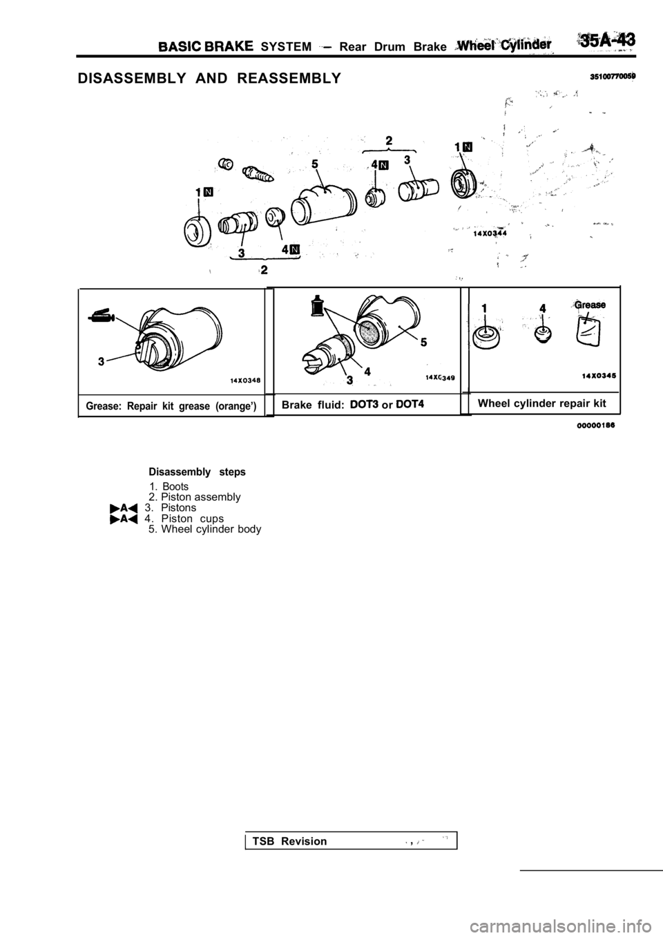 MITSUBISHI SPYDER 1990 Service Repair Manual SYSTEM Rear Drum Brake
DISASSEMBLY AND REASSEMBLY
Grease: Repair kit grease (orange’)Brake fluid: or
Disassembly steps
1. Boots2. Piston assembly 3. Pistons 4. Piston cups5. MITSUBISHI SPYDER 1990 Service Repair Manual SYSTEM Rear Drum Brake
DISASSEMBLY AND REASSEMBLY
Grease: Repair kit grease (orange’)Brake fluid: or
Disassembly steps
1. Boots2. Piston assembly 3. Pistons 4. Piston cups5.