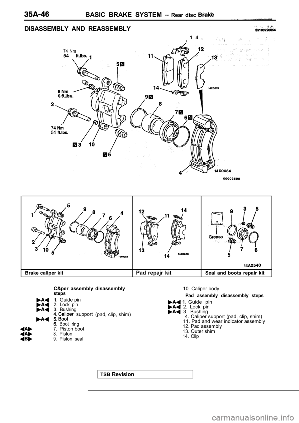 MITSUBISHI SPYDER 1990 Service Repair Manual BASIC BRAKE SYSTEM Rear disc
DISASSEMBLY AND REASSEMBLY
1 4 ,
,,
74 Nm54
7454
Brake caliper kit
14
Pad repajr kit
5
Seal and boots repair kit
TSB Revision
C&per assembly disassembly
1 MITSUBISHI SPYDER 1990 Service Repair Manual BASIC BRAKE SYSTEM Rear disc
DISASSEMBLY AND REASSEMBLY
1 4 ,
,,
74 Nm54
7454
Brake caliper kit
14
Pad repajr kit
5
Seal and boots repair kit
TSB Revision
C&per assembly disassembly
1