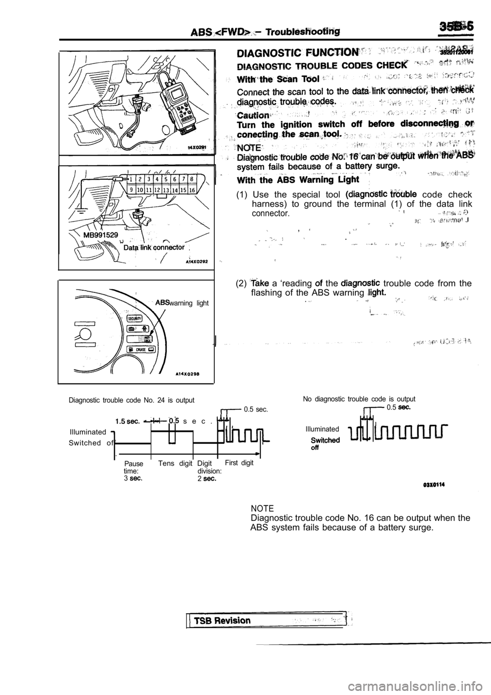 MITSUBISHI SPYDER 1990 Service Repair Manual warning light
(1) Use the special tool code check
harness) to ground the terminal (1) of the data lin k
connector.
,
.
(2) a ‘reading the trouble code from the
flashing of MITSUBISHI SPYDER 1990 Service Repair Manual warning light
(1) Use the special tool code check
harness) to ground the terminal (1) of the data lin k
connector.
,
.
(2) a ‘reading the trouble code from the
flashing of