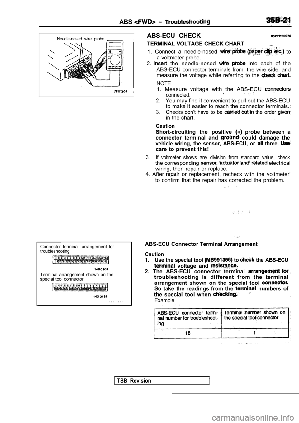 MITSUBISHI SPYDER 1990 Service Repair Manual ABS
Needle-nosed wire probe .I
I
Connector terminal. arrangement for
troubleshooting
Terminal arrangement shown on the
special tool connector
0 0 0 0 0 0 7 8
ABS-ECU CHECK
TERMINAL VOLTAG MITSUBISHI SPYDER 1990 Service Repair Manual ABS
Needle-nosed wire probe .I
I
Connector terminal. arrangement for
troubleshooting
Terminal arrangement shown on the
special tool connector
0 0 0 0 0 0 7 8
ABS-ECU CHECK
TERMINAL VOLTAG