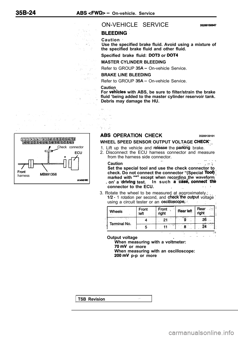 MITSUBISHI SPYDER 1990 Service Repair Manual On-vehicle. Service
Check connector
l
harness
ON-VEHICLE SERVICE
C a u t i o n
Use the specified brake fluid. Avoid using a mixture of
the specified brake fluid and other fluid.
S MITSUBISHI SPYDER 1990 Service Repair Manual On-vehicle. Service
Check connector
l
harness
ON-VEHICLE SERVICE
C a u t i o n
Use the specified brake fluid. Avoid using a mixture of
the specified brake fluid and other fluid.
S