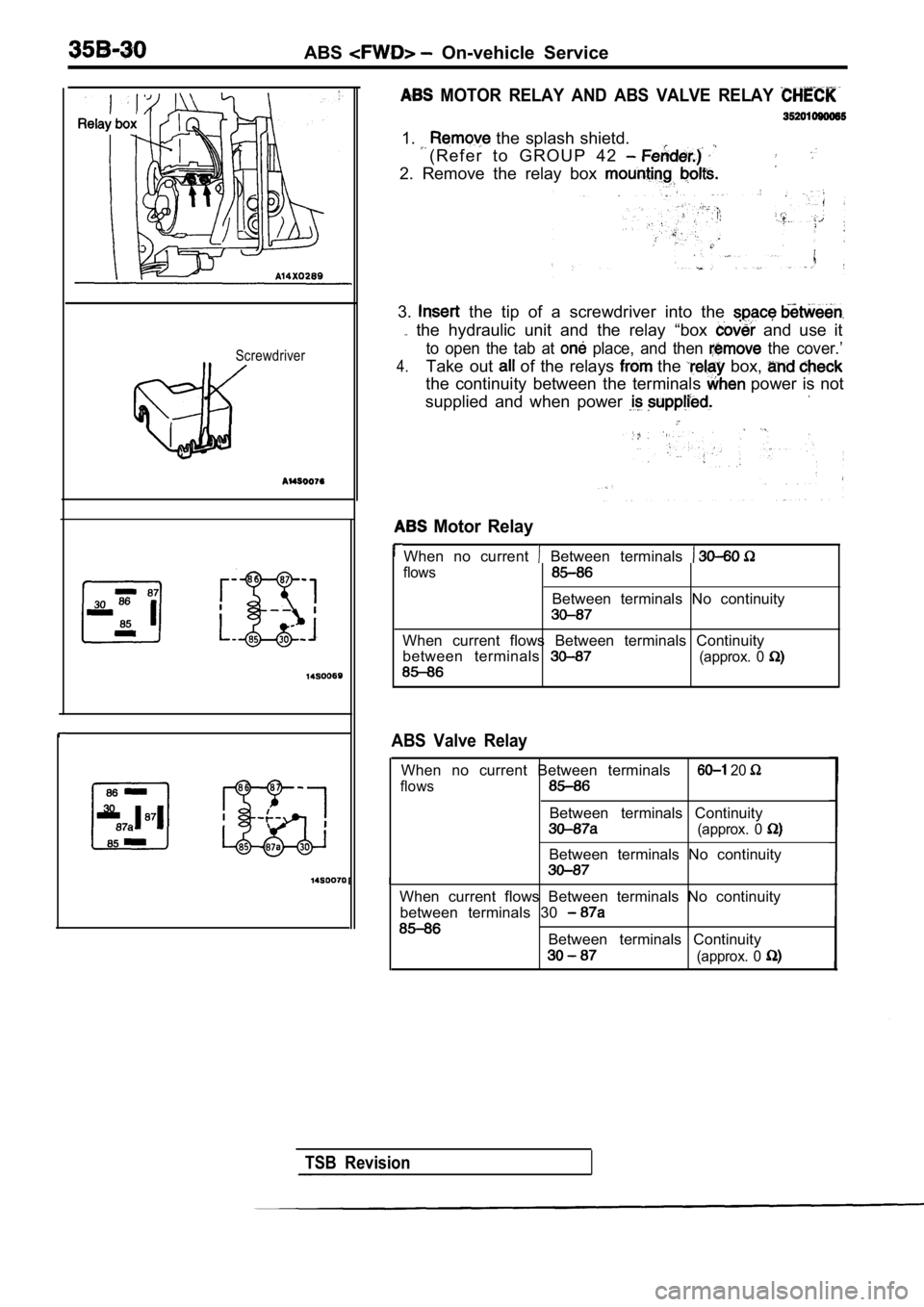MITSUBISHI SPYDER 1990 Service Repair Manual ABS On-vehicle Service
Screwdriver
MOTOR RELAY AND ABS VALVE RELAY
1. the splash shietd.
( R e f e r t o G R O U P 4 2
2. Remove the relay box
3. the tip of a screwdrive MITSUBISHI SPYDER 1990 Service Repair Manual ABS On-vehicle Service
Screwdriver
MOTOR RELAY AND ABS VALVE RELAY
1. the splash shietd.
( R e f e r t o G R O U P 4 2
2. Remove the relay box
3. the tip of a screwdrive