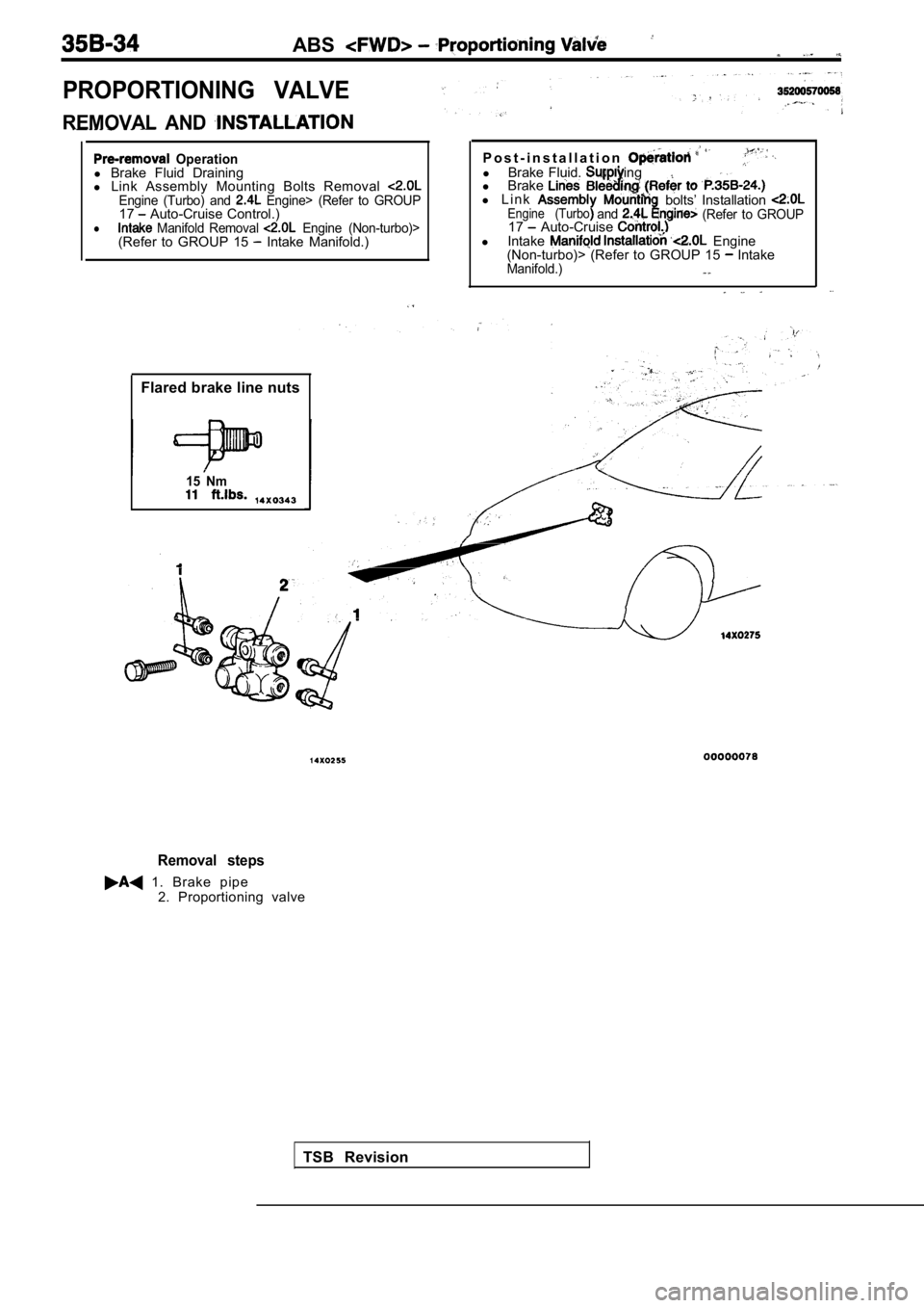 MITSUBISHI SPYDER 1990  Service Repair Manual ABS
PROPORTIONING  VALVE
REMOVAL  AND 
  Operationl Brake  Fluid  Draining
l  Link  Assembly  Mounting  Bolts  Removal 
Engine  (Turbo)  and   Engine>  (Refer  to  GROUP17 Auto-Cruise Control.)l  Mani