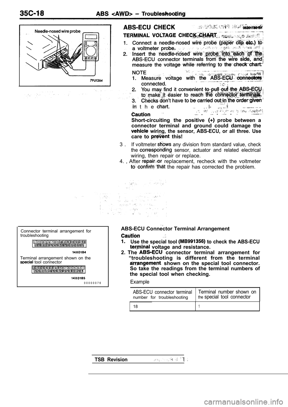 MITSUBISHI SPYDER 1990  Service Repair Manual   t h e  . I-,..,
  ..  .
Short-circuiting  the  positive   probe  between  a
connector  terminal  and  ground  could  damage  the
  wiring,  the  sensor,  ABS-ECU,  or  all  three.  Use
care  to   th