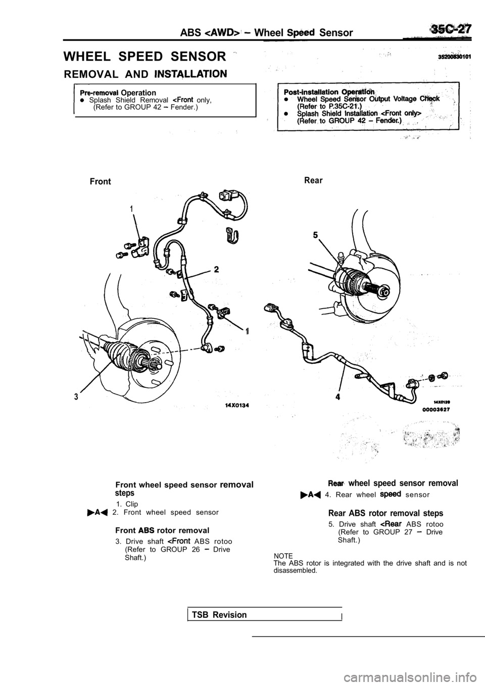 MITSUBISHI SPYDER 1990  Service Repair Manual ABS  Wheel   Sensor
WHEEL  SPEED  SENSOR 
REMOVAL  AND 
  Operationl Splash  Shield  Removal   only,
(Refer  to  GROUP  42   Fender.)
FrontRear
1
1
3
Front  wheel  speed  sensor  removal
steps
1.  Cli