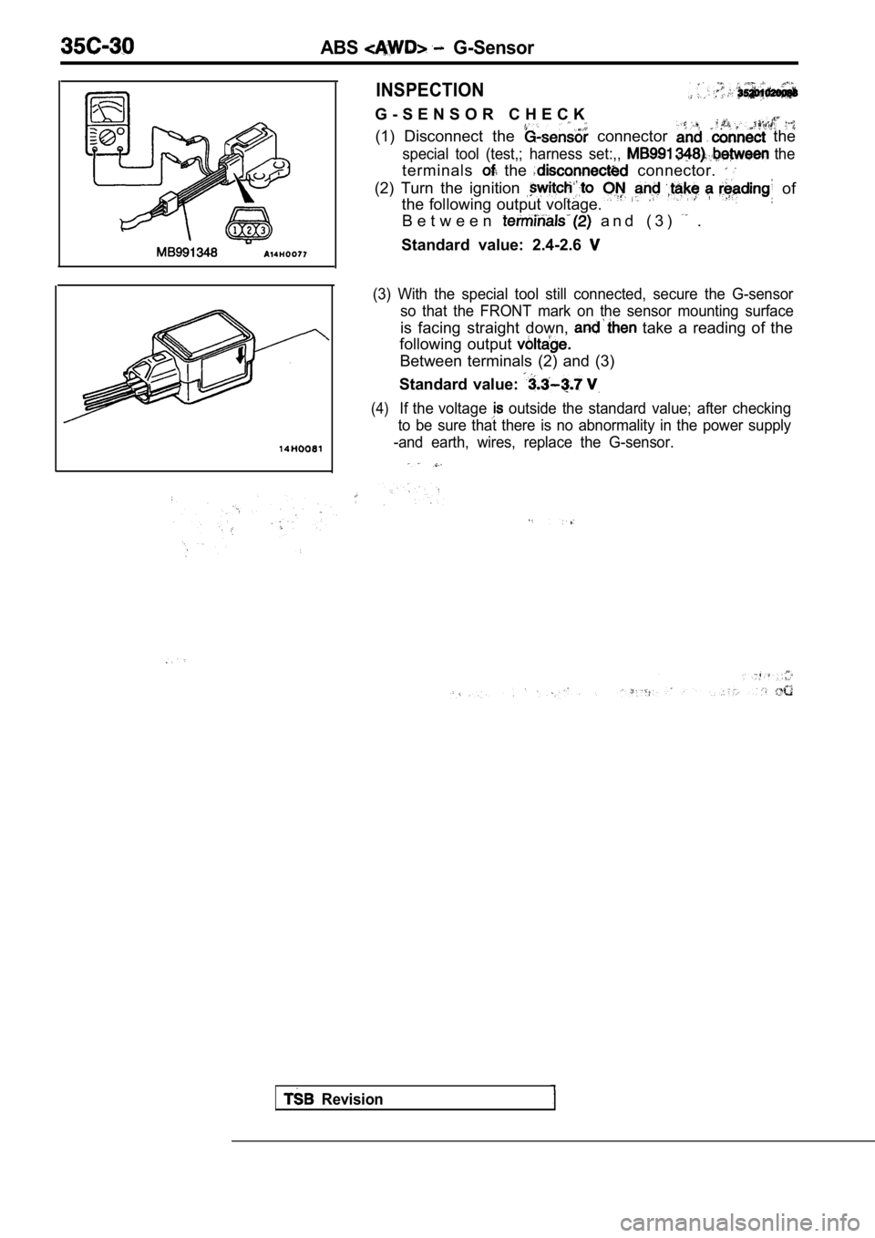 MITSUBISHI SPYDER 1990  Service Repair Manual ABS  G-Sensor
INSPECTION
G - S E N S O R   C H E C K
(1)  Disconnect  the   connector   the
special  tool  (test,;  harness  set:,,   the
terminals  the   connector. 
(2)  Turn  the  ignition 
the fol