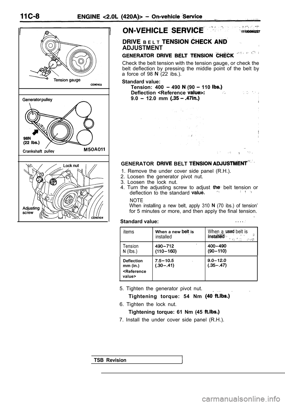 MITSUBISHI SPYDER 1990  Service Repair Manual Crankshaft
  B E L T  
ADJUSTMENT
Check the belt tension with the tension gauge, or check the
belt  deflection  by  pressing  the  middle  point  of  the   belt  by
a  force  of  98 
  (22  ibs.).
Sta