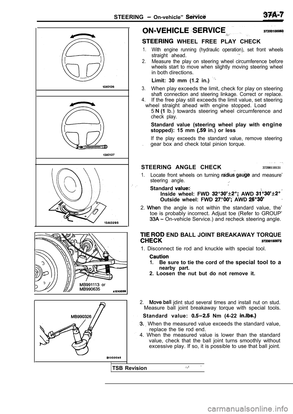 MITSUBISHI SPYDER 1990  Service Repair Manual STEERING  On-vehicle” 
TSB  Revision
  WHEEL  FREE  PLAY  CHECK
1.With  engine  running  (hydraulic  operation),  set  front  wheels
straight  ahead.
2.Measure  the  play  on  steering  wheel  circu