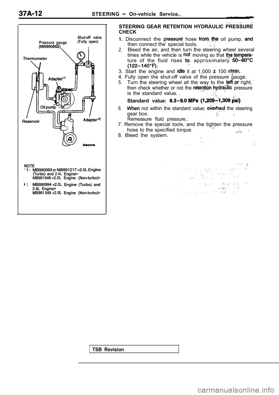 MITSUBISHI SPYDER 1990  Service Repair Manual STEERING  On-vehicle  Service,.
Shut-off  valve
Pressure  gauge (Fully  open)
I
Thermometer
NOTE
‘ 1 :(Turbo)  and   Engine>  Engine  (Non-turbo)>
l 2:  Engine  (Turbo)  and  Engine>  549   Engine  