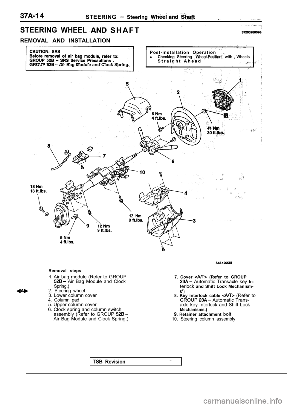MITSUBISHI SPYDER 1990  Service Repair Manual  4STEERING  Steering 
STEERINGWHEELS H A F T
REMOVAL  AND  INSTALLATION
GROUP
 Air Bag Module and Clock Spring.
P o s t - i n s t a l l a t i o n   O p e r a t i o n  lChecking  Steering   with  ,  Wh