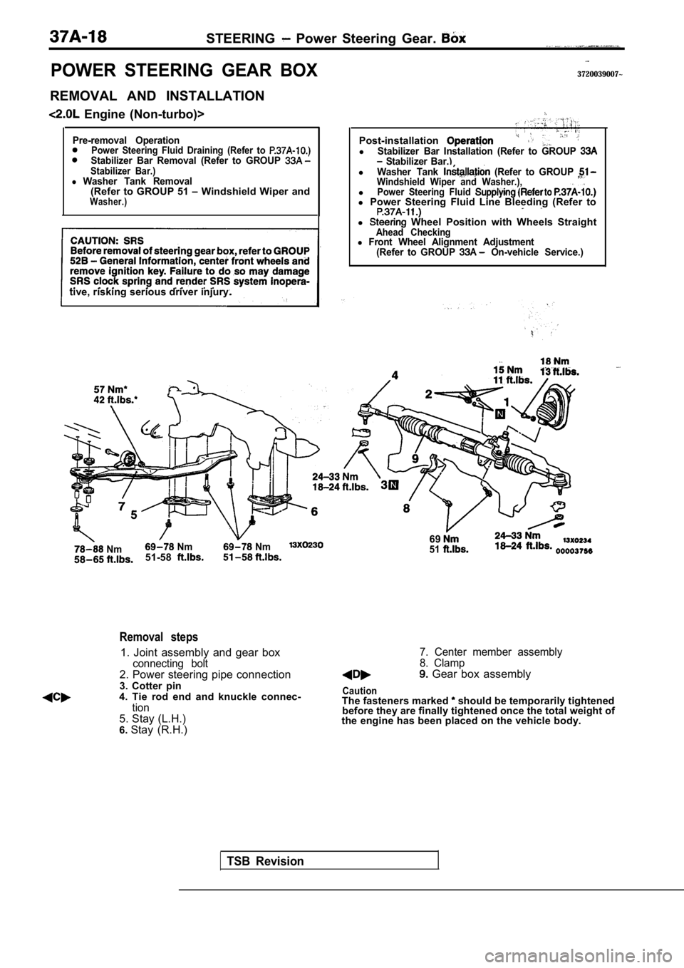 MITSUBISHI SPYDER 1990 Service Repair Manual STEERING Power Steering Gear.
POWER STEERING GEAR BOX
REMOVAL AND INSTALLATION
Engine (Non-turbo)>
Pre-removal OperationPower Steering Fluid Draining (Refer to Stabilizer Bar Remov MITSUBISHI SPYDER 1990 Service Repair Manual STEERING Power Steering Gear.
POWER STEERING GEAR BOX
REMOVAL AND INSTALLATION
Engine (Non-turbo)>
Pre-removal OperationPower Steering Fluid Draining (Refer to Stabilizer Bar Remov
