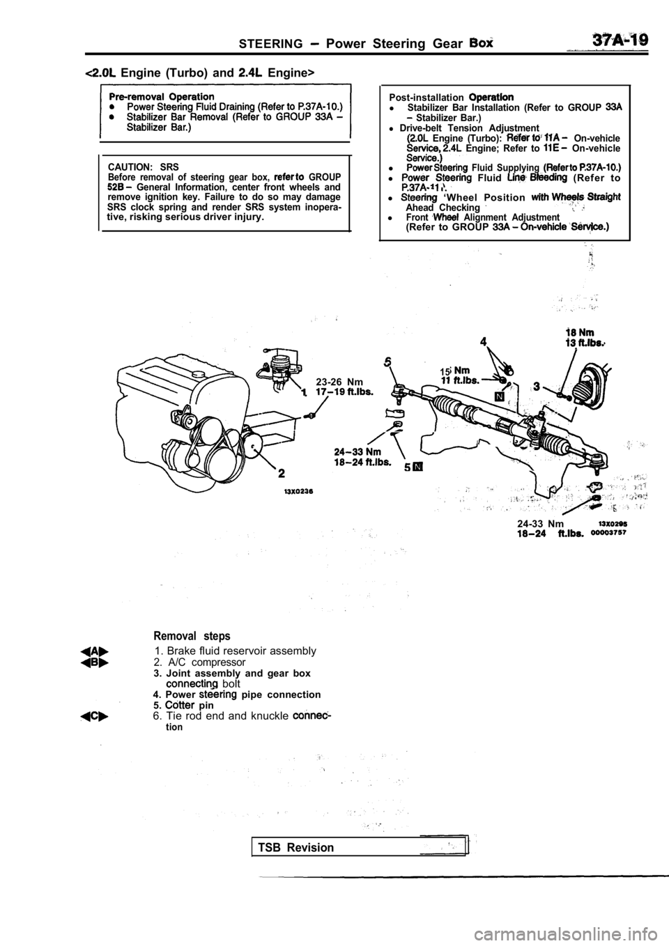 MITSUBISHI SPYDER 1990 Service Repair Manual STEERING Power Steering Gear
Engine (Turbo) and Engine>
CAUTION: SRSBefore removal of steering gear box, GROUP General Information, center front wheels and
remove ignition ke MITSUBISHI SPYDER 1990 Service Repair Manual STEERING Power Steering Gear
Engine (Turbo) and Engine>
CAUTION: SRSBefore removal of steering gear box, GROUP General Information, center front wheels and
remove ignition ke