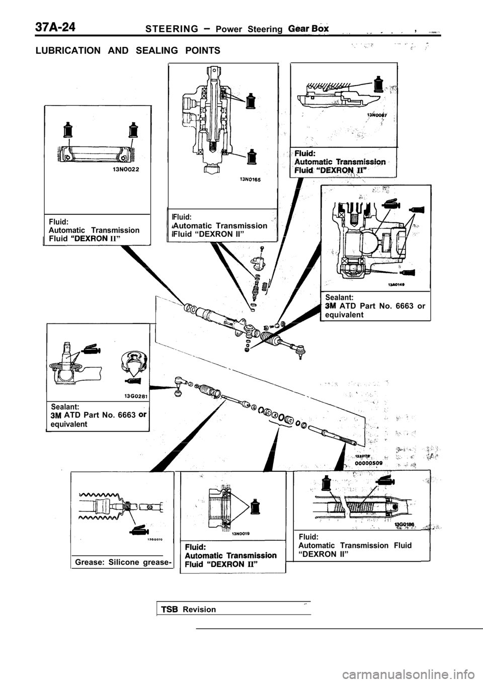 MITSUBISHI SPYDER 1990 Service Repair Manual S T E E R I N G Power Steering ,
LUBRICATION AND SEALING POINTS
Fluid:
Automatic Transmission
Fluid II”
Grease: Silicone grease-
Fluid:
Automatic Transmission
Fluid “DEXRON II”
S MITSUBISHI SPYDER 1990 Service Repair Manual S T E E R I N G Power Steering ,
LUBRICATION AND SEALING POINTS
Fluid:
Automatic Transmission
Fluid II”
Grease: Silicone grease-
Fluid:
Automatic Transmission
Fluid “DEXRON II”
S