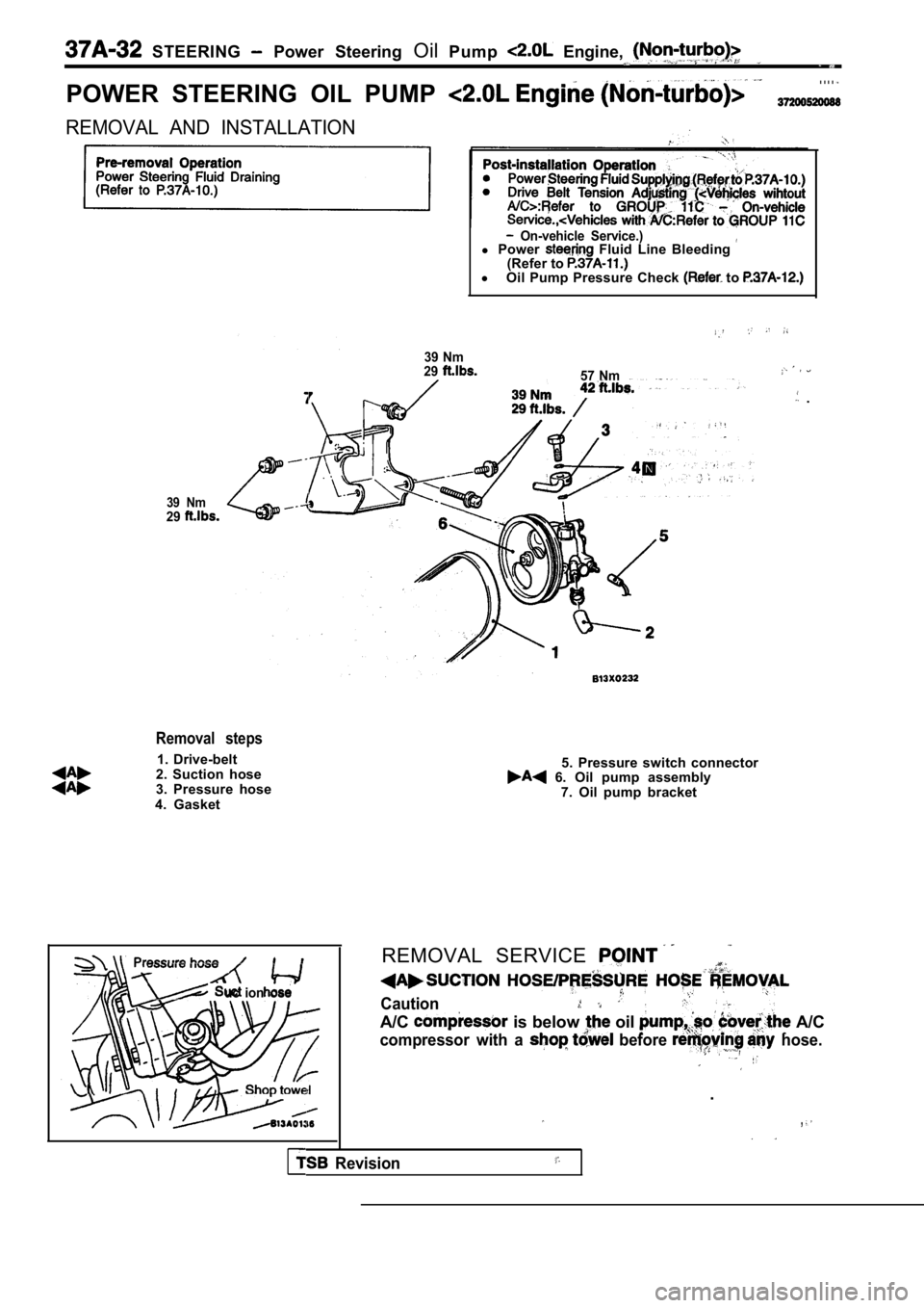 MITSUBISHI SPYDER 1990 Service Repair Manual STEERING Power Steering OilPump Engine,
POWER STEERING OIL PUMP
. . . .
REMOVAL AND INSTALLATION
On-vehicle Service.)l Power Fluid Line Bleeding (Refer to l
Oil Pump Pressure Ch MITSUBISHI SPYDER 1990 Service Repair Manual STEERING Power Steering OilPump Engine,
POWER STEERING OIL PUMP
. . . .
REMOVAL AND INSTALLATION
On-vehicle Service.)l Power Fluid Line Bleeding (Refer to l
Oil Pump Pressure Ch