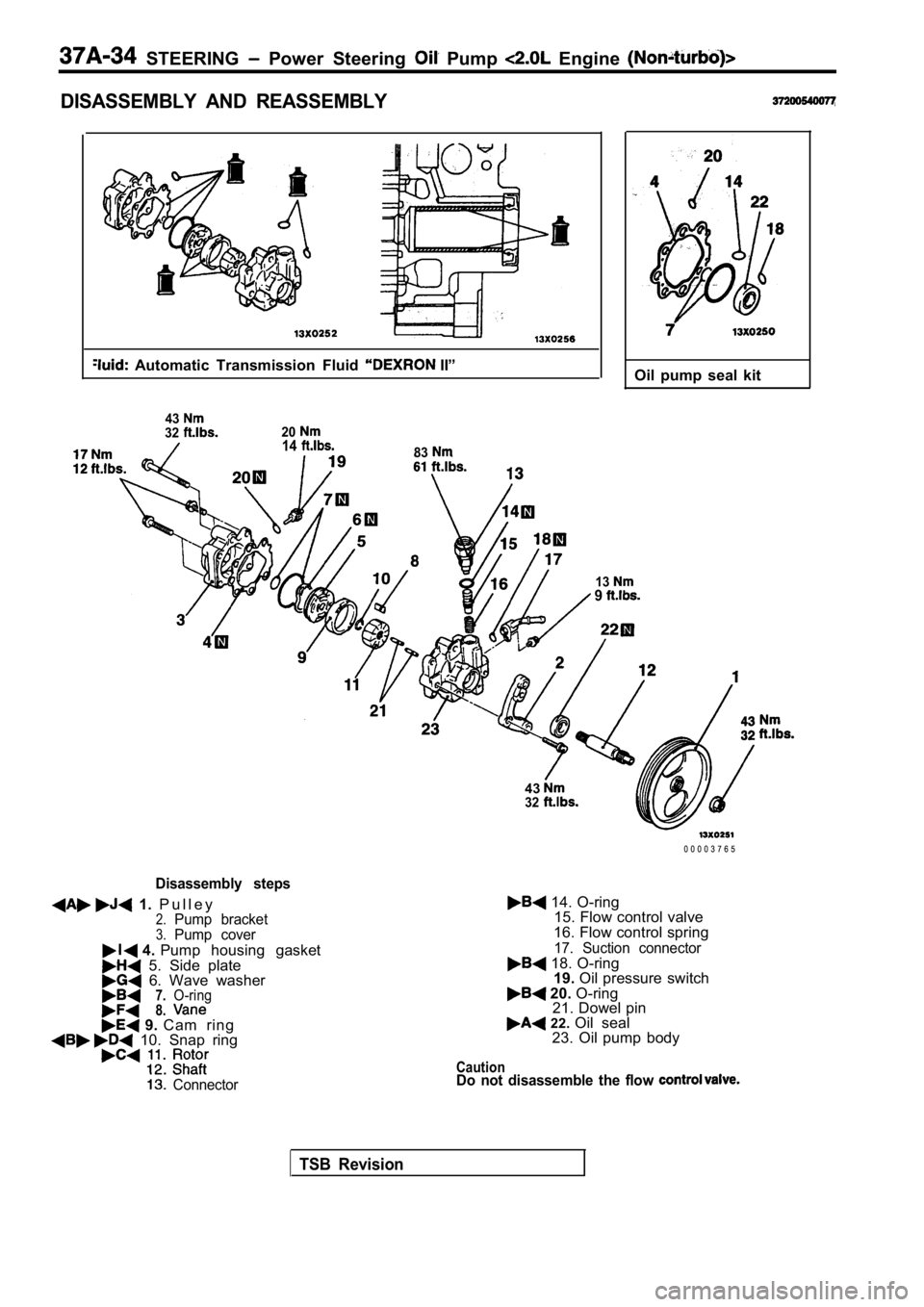 MITSUBISHI SPYDER 1990 Service Repair Manual STEERING Power Steering Pump Engine
DISASSEMBLY AND REASSEMBLY
Automatic Transmission Fluid II”
4332201483
139
Oil pump seal kit
43
32
Disassembly steps
1. P u l l e y2.Pump MITSUBISHI SPYDER 1990 Service Repair Manual STEERING Power Steering Pump Engine
DISASSEMBLY AND REASSEMBLY
Automatic Transmission Fluid II”
4332201483
139
Oil pump seal kit
43
32
Disassembly steps
1. P u l l e y2.Pump