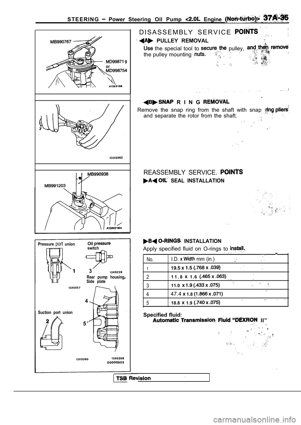 MITSUBISHI SPYDER 1990 Service Repair Manual S T E E R I N G Power Steering Oil Pump Engine
9or
PressureportunionOilswitch
3
Rear pump housing,
Side plate
4
Suction port union
5 ’
TSB
D I S A S S E M B L Y S E R V I C E
PULL MITSUBISHI SPYDER 1990 Service Repair Manual S T E E R I N G Power Steering Oil Pump Engine
9or
PressureportunionOilswitch
3
Rear pump housing,
Side plate
4
Suction port union
5 ’
TSB
D I S A S S E M B L Y S E R V I C E
PULL