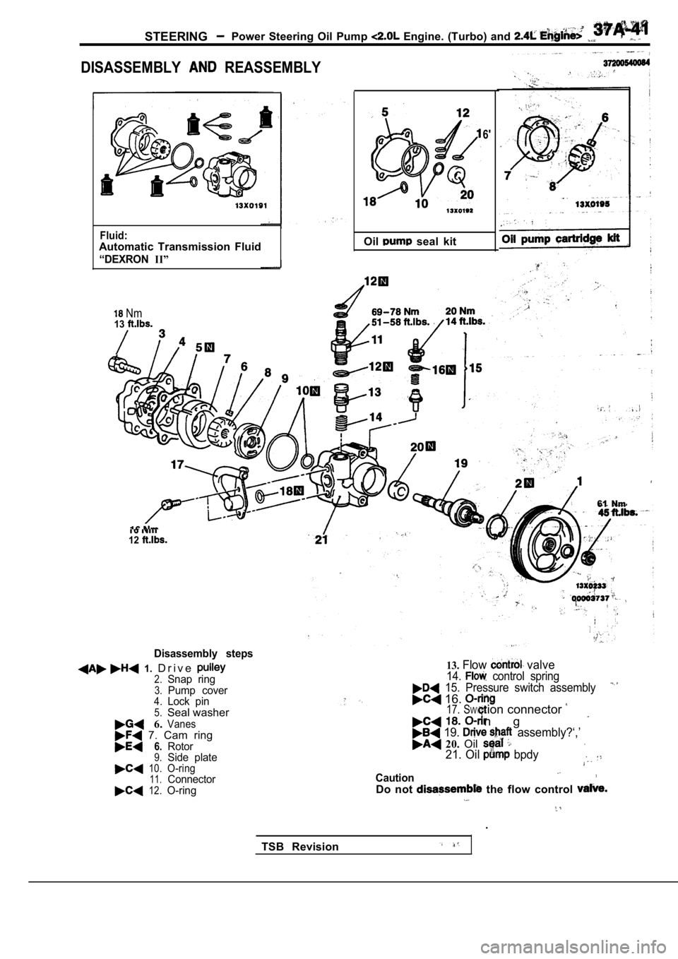 MITSUBISHI SPYDER 1990  Service Repair Manual STEERINGPower  Steering  Oil  Pump   Engine.  (Turbo)  and ,
DISASSEMBLY  REASSEMBLY
Fluid:Automatic  Transmission  Fluid
“DEXRONII”
 Nm13
6
Oil  seal  kit
61  Nm
12
Disassembly  steps
  1. D r i