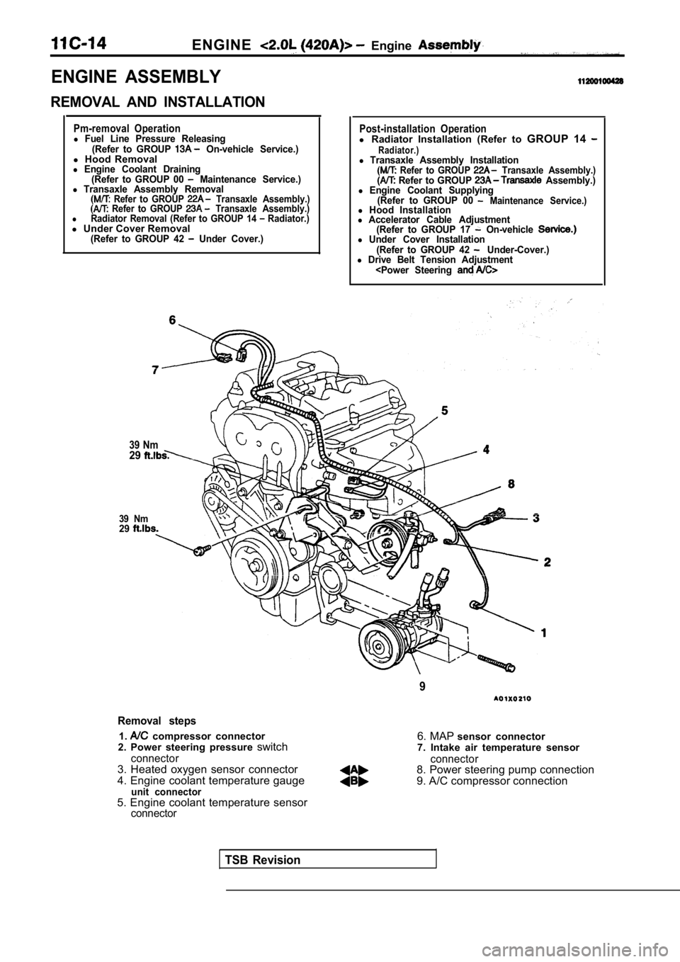 MITSUBISHI SPYDER 1990 Service Repair Manual ENGINE Engine
ENGINE ASSEMBLY
REMOVAL AND INSTALLATION
Pm-removal Operationl Fuel Line Pressure Releasing(Refer to GROUP On-vehicle Service.)l Hood Removall Engine Coolant Draining
( MITSUBISHI SPYDER 1990 Service Repair Manual ENGINE Engine
ENGINE ASSEMBLY
REMOVAL AND INSTALLATION
Pm-removal Operationl Fuel Line Pressure Releasing(Refer to GROUP On-vehicle Service.)l Hood Removall Engine Coolant Draining
(