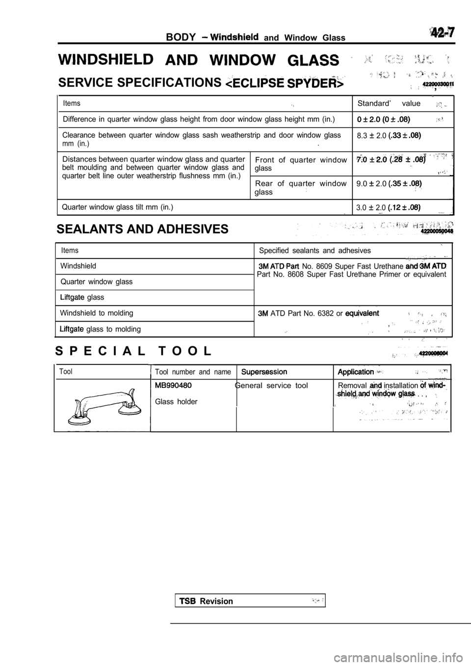 MITSUBISHI SPYDER 1990  Service Repair Manual BODY  and  Window  Glass
SERVICE SPECIFICATIONS   ,
Items
Difference  in  quarter  window  glass  height  from  door  window  glass  height  mm  (in.)
Clearance  between  quarter  window  glass  sash 