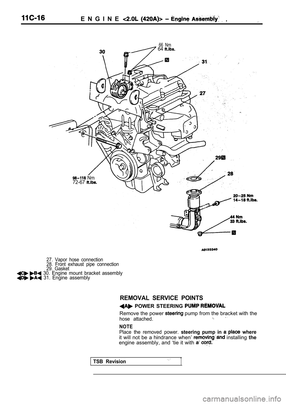 MITSUBISHI SPYDER 1990 Service Repair Manual E N G I N E ,
66 Nm 64
Nm72-67
27. Vapor hose connection
28. Front exhaust pipe connection
29. Gasket
30. Engine mount bracket assembly 31. Engine assembly
REMOVAL SERVICE POIN MITSUBISHI SPYDER 1990 Service Repair Manual E N G I N E ,
66 Nm 64
Nm72-67
27. Vapor hose connection
28. Front exhaust pipe connection
29. Gasket
30. Engine mount bracket assembly 31. Engine assembly
REMOVAL SERVICE POIN