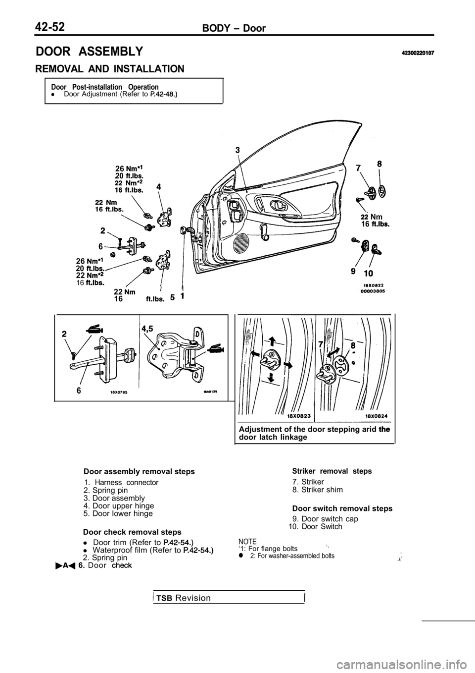 MITSUBISHI SPYDER 1990 Service Repair Manual 42-52BODY Door
DOOR ASSEMBLY
REMOVAL AND INSTALLATION
Door Post-installation OperationlDoor Adjustment (Refer to
2620
6
26202216
22I
16
6
Door assembly removal steps
1. Harness connector2. MITSUBISHI SPYDER 1990 Service Repair Manual 42-52BODY Door
DOOR ASSEMBLY
REMOVAL AND INSTALLATION
Door Post-installation OperationlDoor Adjustment (Refer to
2620
6
26202216
22I
16
6
Door assembly removal steps
1. Harness connector2.