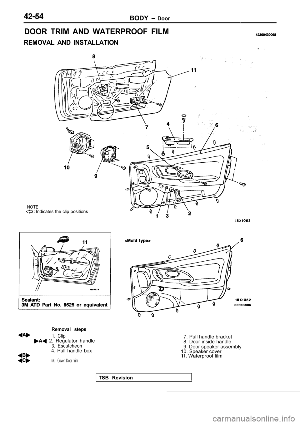 MITSUBISHI SPYDER 1990 Service Repair Manual BODY Door
DOOR TRIM AND WATERPROOF FILM
REMOVAL AND INSTALLATION.
NOTE Indicates the clip positionsTSB Revision
Removal steps
1.Clip 2. Regulator handle
3.Escutcheon4. Pull handle box
5 MITSUBISHI SPYDER 1990 Service Repair Manual BODY Door
DOOR TRIM AND WATERPROOF FILM
REMOVAL AND INSTALLATION.
NOTE Indicates the clip positionsTSB Revision
Removal steps
1.Clip 2. Regulator handle
3.Escutcheon4. Pull handle box
5