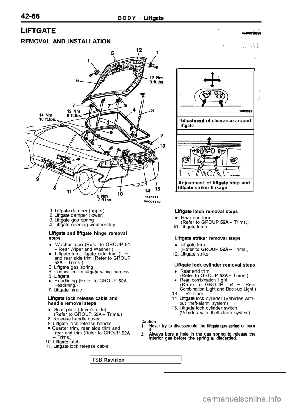MITSUBISHI SPYDER 1990 Service Repair Manual B O D Y
REMOVAL AND INSTALLATION
7
1. damper (upper)
2. damper (lower)
3. gas spring
4. opening weatherstrip
and hinge removal
steps
l Washer tube (Refer to GROUP 51 Rear Wiper and Wa MITSUBISHI SPYDER 1990 Service Repair Manual B O D Y
REMOVAL AND INSTALLATION
7
1. damper (upper)
2. damper (lower)
3. gas spring
4. opening weatherstrip
and hinge removal
steps
l Washer tube (Refer to GROUP 51 Rear Wiper and Wa