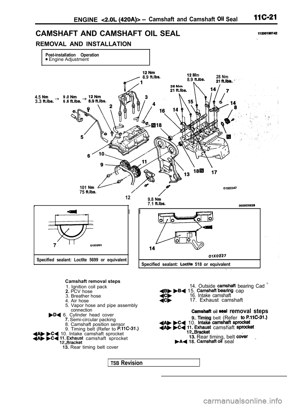 MITSUBISHI SPYDER 1990  Service Repair Manual ENGINECamshaft and  Camshaft   Seal
CAMSHAFT  AND  CAMSHAFT  OIL  SEAL
REMOVAL  AND  INSTALLATION
Post-installation  Operation Engine Adjustment
4.53.3
8.9Mm8.928 Nm
10175
129.8
7
Specified  sealant: 
