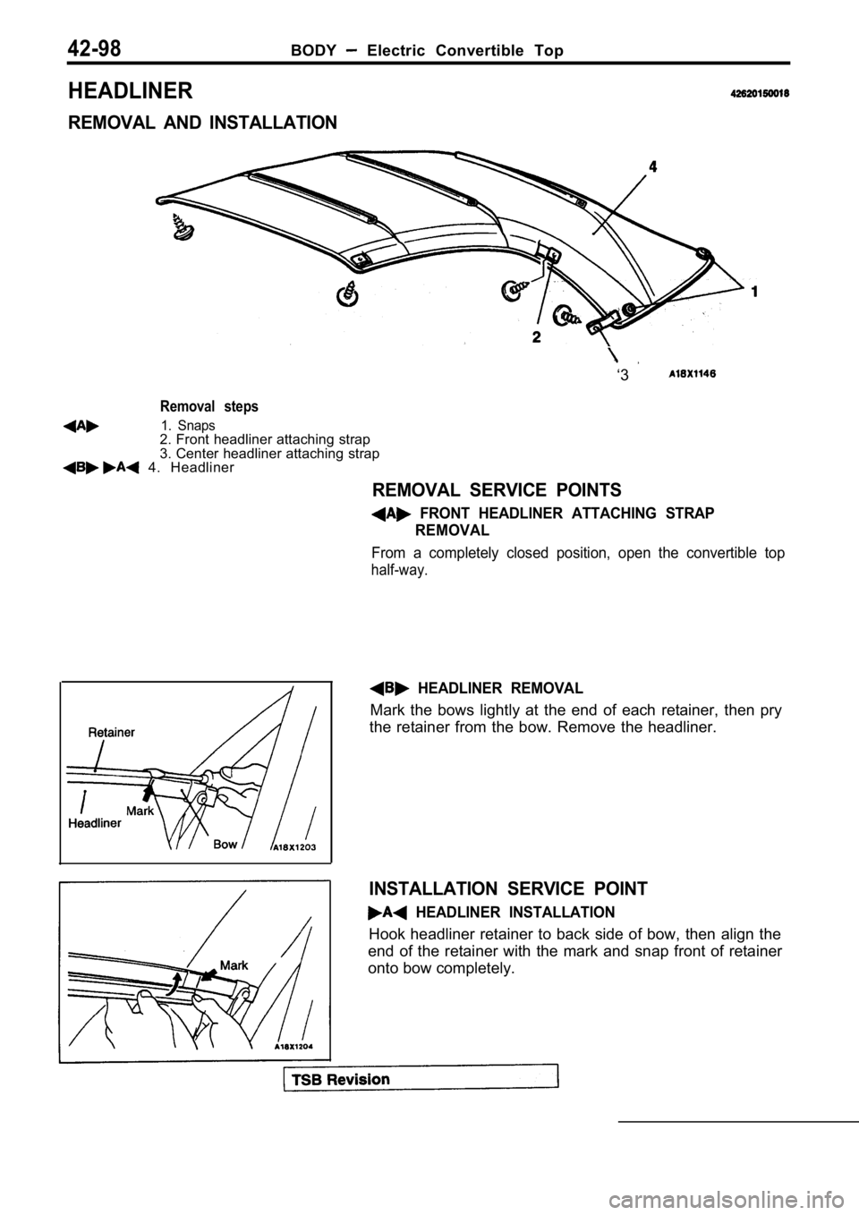 MITSUBISHI SPYDER 1990  Service Repair Manual 42-98BODY  Electric  Convertible  Top
HEADLINER
REMOVAL  AND  INSTALLATION
‘3
Removal  steps
1.  Snaps2. Front headliner attaching strap 
3. Center headliner attaching strap
  4.  Headliner
REMOVAL 