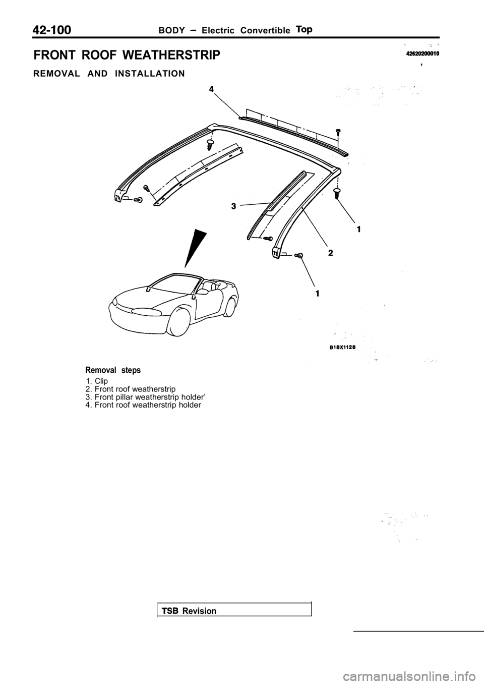 MITSUBISHI SPYDER 1990  Service Repair Manual BODY  Electric  Convertible 
FRONT  ROOF  WEATHERSTRIP,
R E M O V A L   A N D   I N S T A L L A T I O N
Removal  steps
1.  Clip2. Front roof weatherstrip 
3. Front pillar weatherstrip holder’ 
4. Fr