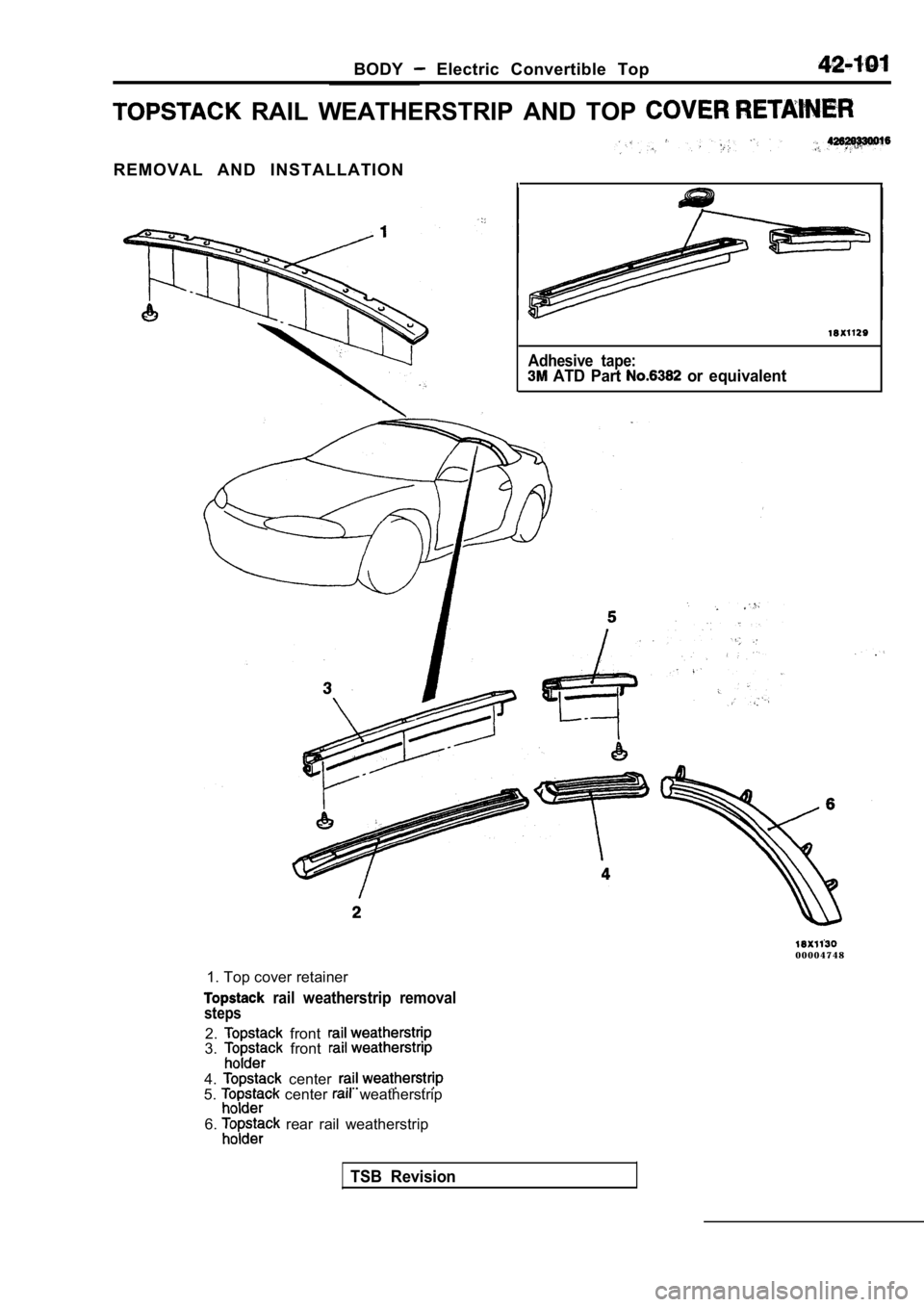 MITSUBISHI SPYDER 1990  Service Repair Manual BODY  Electric  Convertible  Top
  RAIL  WEATHERSTRIP  AND  TOP 
R E M O V A L   A N D   I N S T A L L A T I O N
Adhesive  tape:  ATD  Part   or  equivalent
0 0 0 0 4 7 4 8
1. Top cover retainer
  rai
