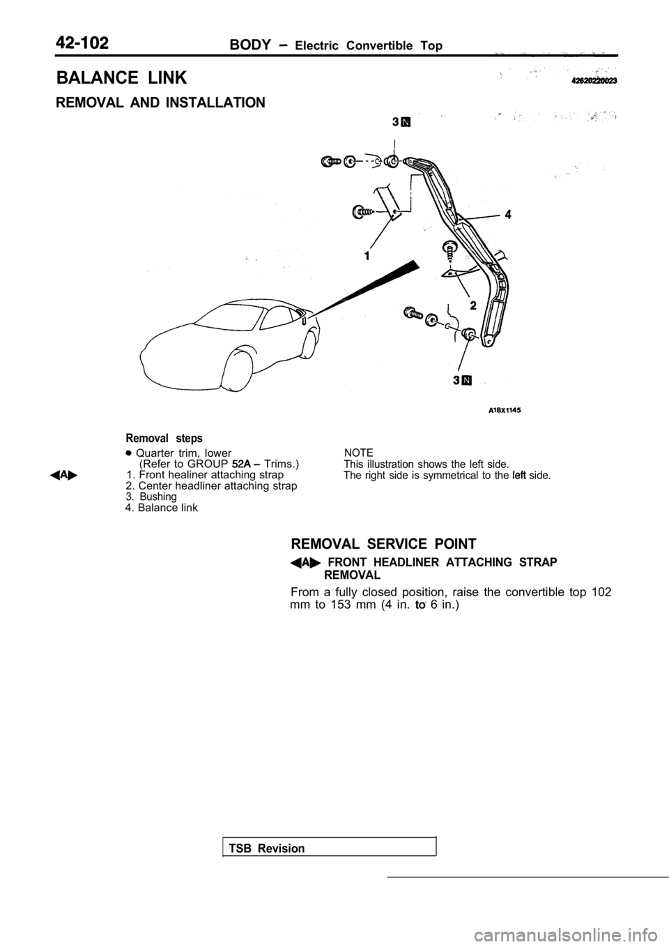 MITSUBISHI SPYDER 1990  Service Repair Manual BODY  Electric  Convertible  Top
BALANCE  LINK
REMOVAL  AND  INSTALLATION
I
Removal  steps
  Quarter  trim,  lower(Refer  to  GROUP   Trims.)
1. Front healiner attaching strap
2. Center headliner atta