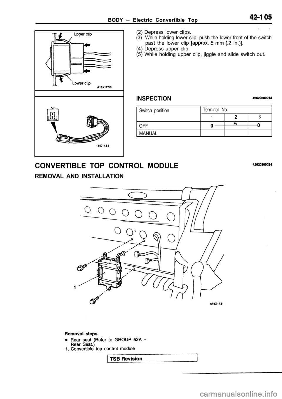 MITSUBISHI SPYDER 1990  Service Repair Manual BODY  Electric  Convertible  Top
(2)  Depress  lower  clips.
(3)While  holding  lower  clip,  push  the  lower  front  of  the  switch
past  the  lower  clip   5  mm   in.)].
(4)  Depress  upper  clip