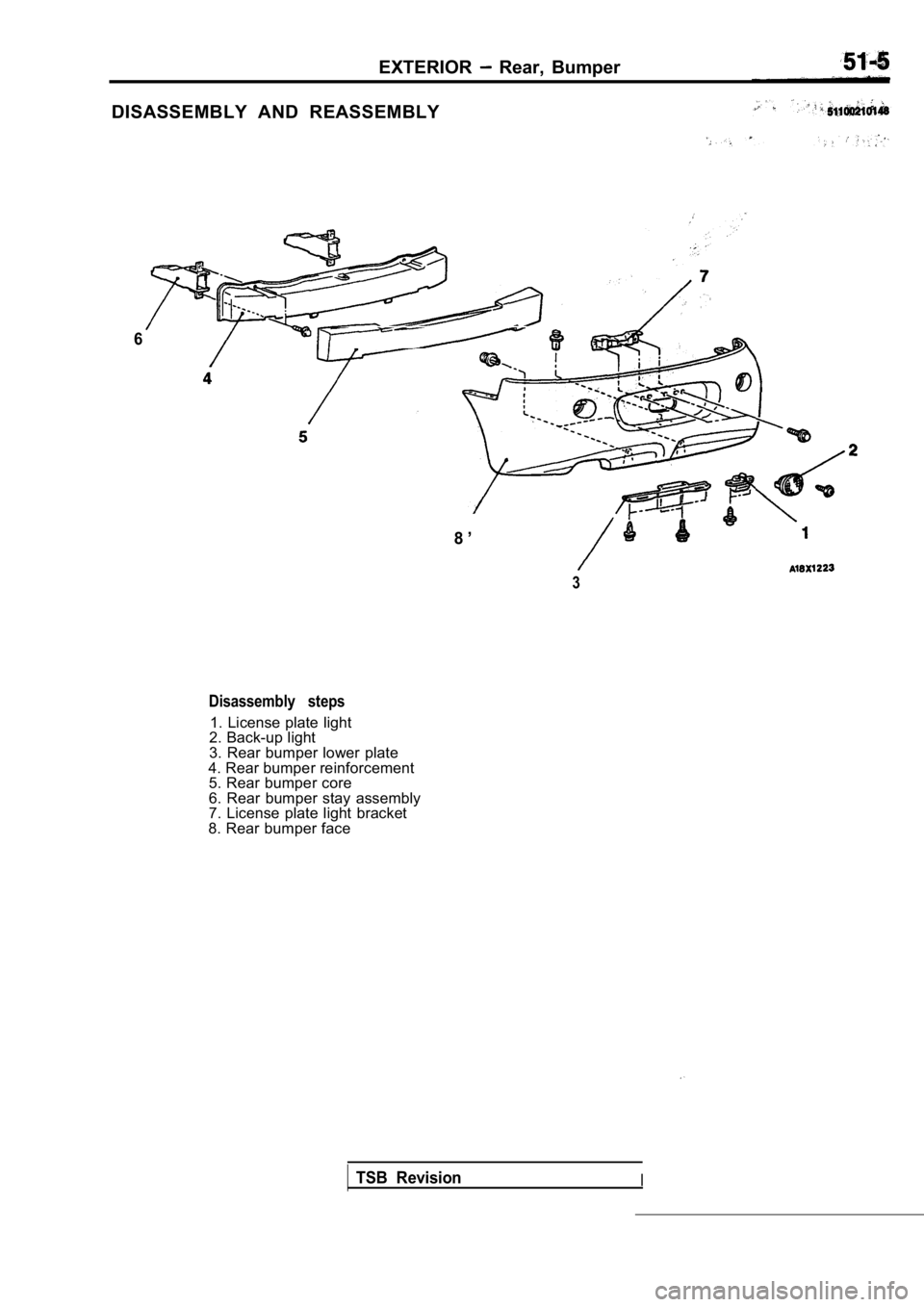 MITSUBISHI SPYDER 1990 Service Repair Manual EXTERIOR Rear, Bumper
DISASSEMBLY AND REASSEMBLY
6
8 ’
3
Disassembly steps
1. License plate light
2. Back-up light
3. Rear bumper lower plate
4. Rear bumper reinforcement 5. Rear bumper core
6 MITSUBISHI SPYDER 1990 Service Repair Manual EXTERIOR Rear, Bumper
DISASSEMBLY AND REASSEMBLY
6
8 ’
3
Disassembly steps
1. License plate light
2. Back-up light
3. Rear bumper lower plate
4. Rear bumper reinforcement 5. Rear bumper core
6
