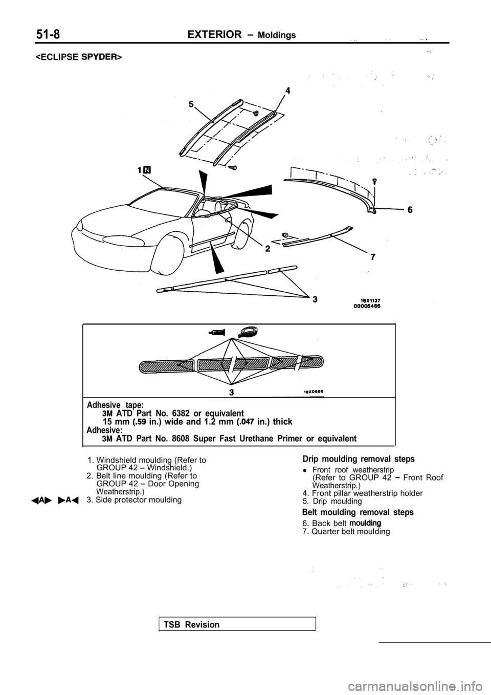 MITSUBISHI SPYDER 1990 Service Repair Manual 51-8
<ECLIPSE
EXTERIOR Moldings .
Adhesive tape:
ATD Part No. 6382 or equivalent
15 mm in.) wide and 1.2 mm in.) thick
Adhesive:
ATD Part No. 8608 Super Fast Urethane Prime MITSUBISHI SPYDER 1990 Service Repair Manual 51-8
<ECLIPSE
EXTERIOR Moldings .
Adhesive tape:
ATD Part No. 6382 or equivalent
15 mm in.) wide and 1.2 mm in.) thick
Adhesive:
ATD Part No. 8608 Super Fast Urethane Prime