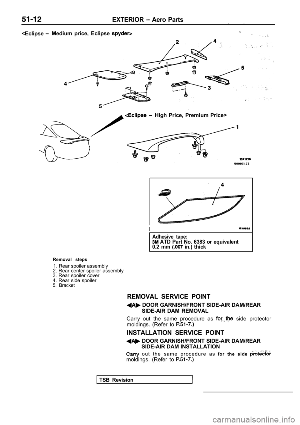 MITSUBISHI SPYDER 1990 Service Repair Manual EXTERIOR Aero Parts
<EclipseMedium price, Eclipse
High Price, Premium Price>
0 0 0 0 5 4 7 2
Removal steps 1. Rear spoiler assembly
2. Rear center spoiler assembly
3. Rear spoiler cover
4 MITSUBISHI SPYDER 1990 Service Repair Manual EXTERIOR Aero Parts
<EclipseMedium price, Eclipse
High Price, Premium Price>
0 0 0 0 5 4 7 2
Removal steps 1. Rear spoiler assembly
2. Rear center spoiler assembly
3. Rear spoiler cover
4