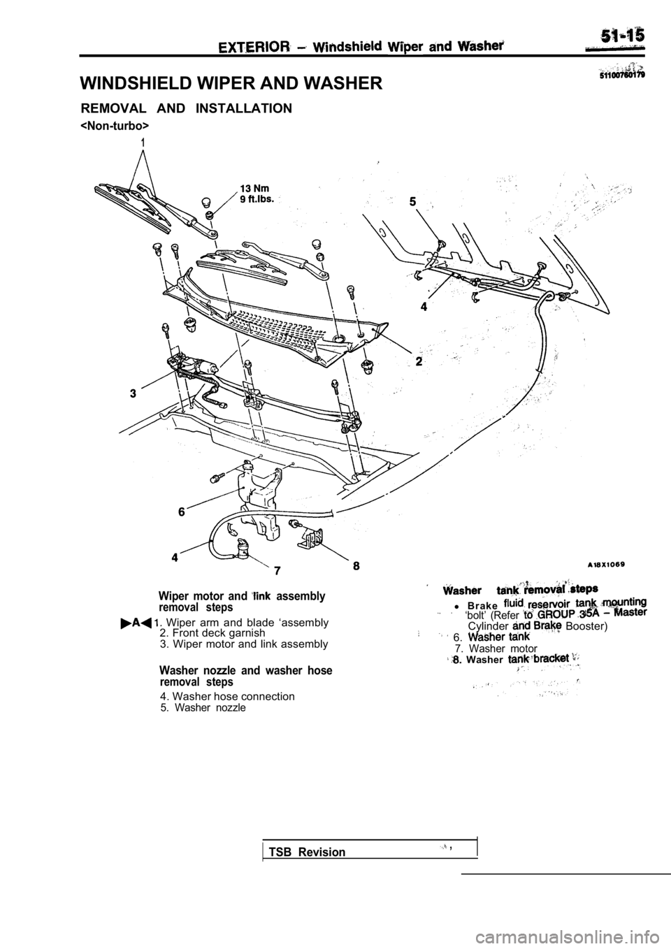 MITSUBISHI SPYDER 1990 Service Repair Manual WINDSHIELD WIPER AND WASHERREMOVAL AND INSTALLATION
<Non-turbo>
1
Wiper motor and assemblyremoval steps
Wiper arm and blade ‘assembly
2. Front deck garnish
3. Wiper motor and link MITSUBISHI SPYDER 1990 Service Repair Manual WINDSHIELD WIPER AND WASHERREMOVAL AND INSTALLATION
<Non-turbo>
1
Wiper motor and assemblyremoval steps
Wiper arm and blade ‘assembly
2. Front deck garnish
3. Wiper motor and link