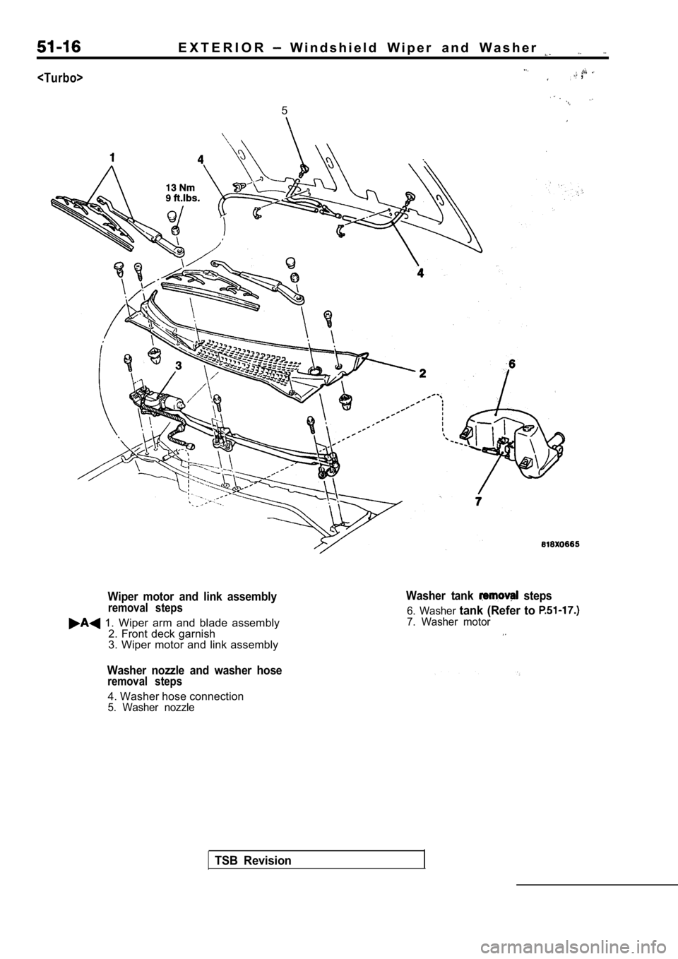 MITSUBISHI SPYDER 1990 Service Repair Manual <Turbo>
E X T E R I O R W i n d s h i e l d W i p e r a n d W a s h e r
,
5
Wiper motor and link assemblyremoval steps
1. Wiper arm and blade assembly2. Front deck garnish
3. W MITSUBISHI SPYDER 1990 Service Repair Manual <Turbo>
E X T E R I O R W i n d s h i e l d W i p e r a n d W a s h e r
,
5
Wiper motor and link assemblyremoval steps
1. Wiper arm and blade assembly2. Front deck garnish
3. W