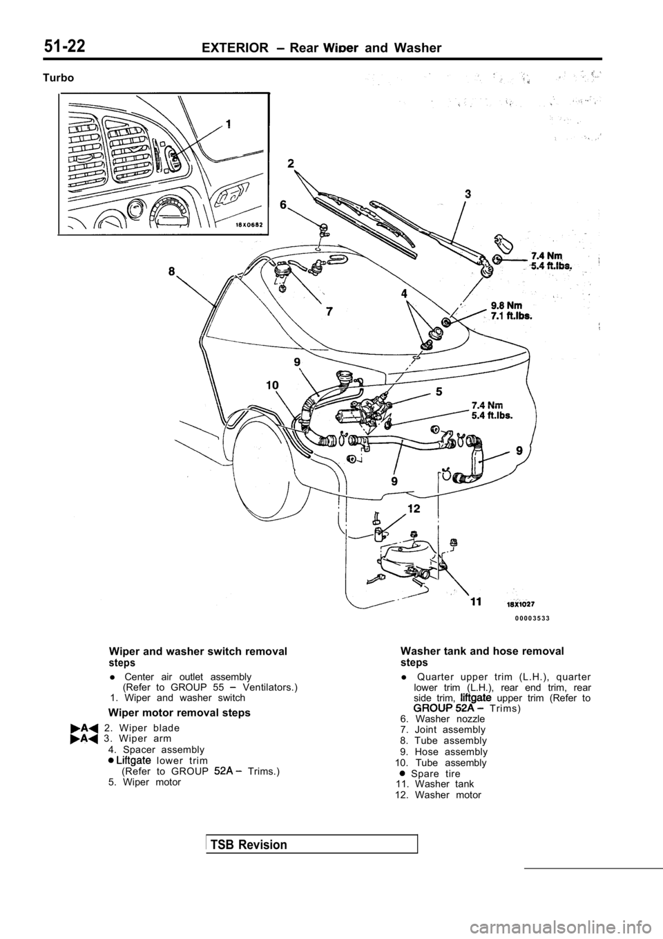 MITSUBISHI SPYDER 1990  Service Repair Manual 51-22EXTERIOR  Rear   and  Washer
Turbo
0 0 0 0 3 5 3 3
Wiper and washer switch removal
steps
l  Center  air  outlet  assembly
(Refer  to  GROUP  55   Ventilators.)
1.  Wiper  and  washer  switch
Wipe