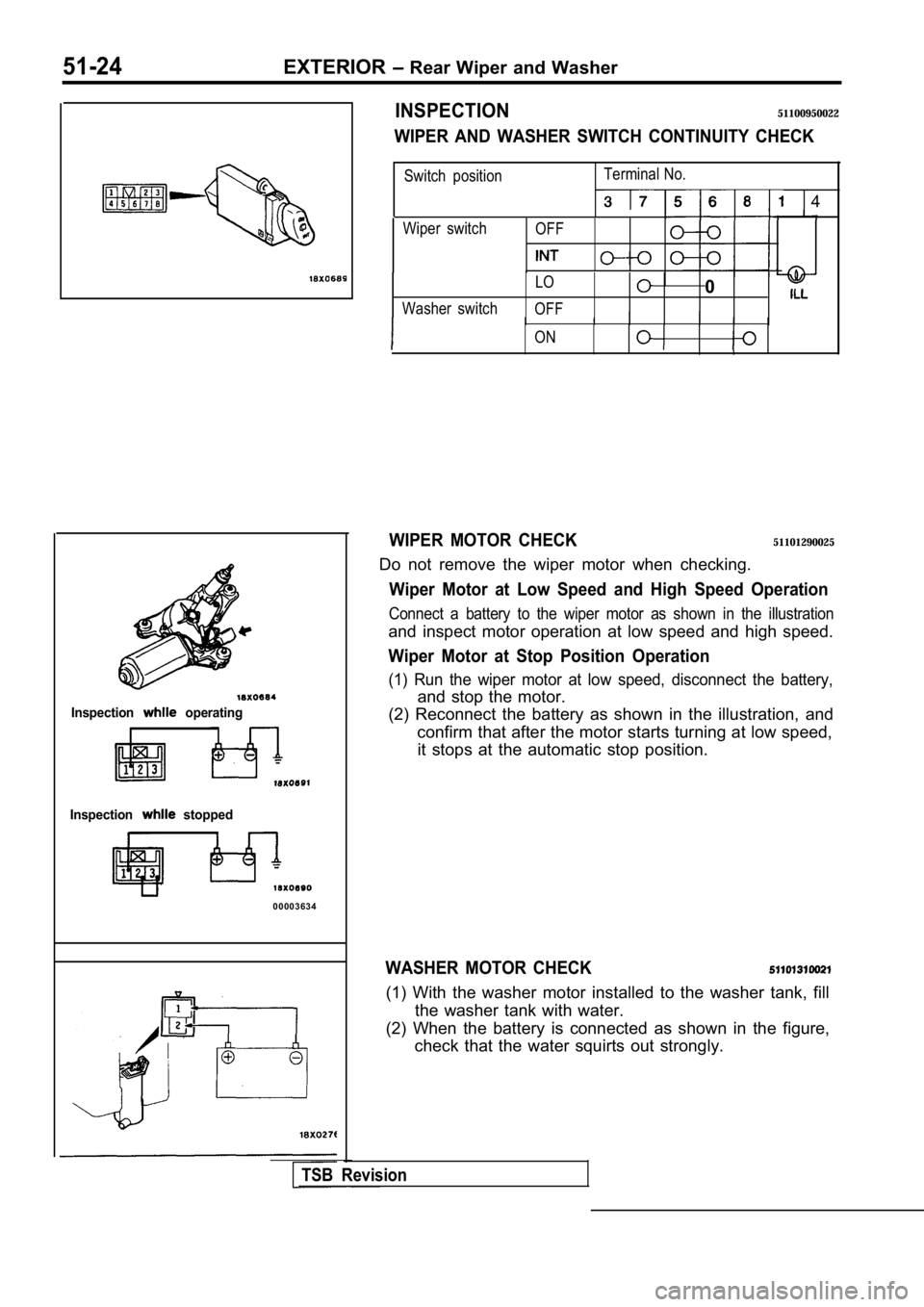 MITSUBISHI SPYDER 1990  Service Repair Manual 51-24EXTERIOR  Rear  Wiper  and  Washer
Inspection  operating
Inspection  stopped
0 0 0 0 3 6 3 4
INSPECTION51100950022
WIPER  AND  WASHER  SWITCH  CONTINUITY  CHECK
Wiper  switchOFF
Switch  position 