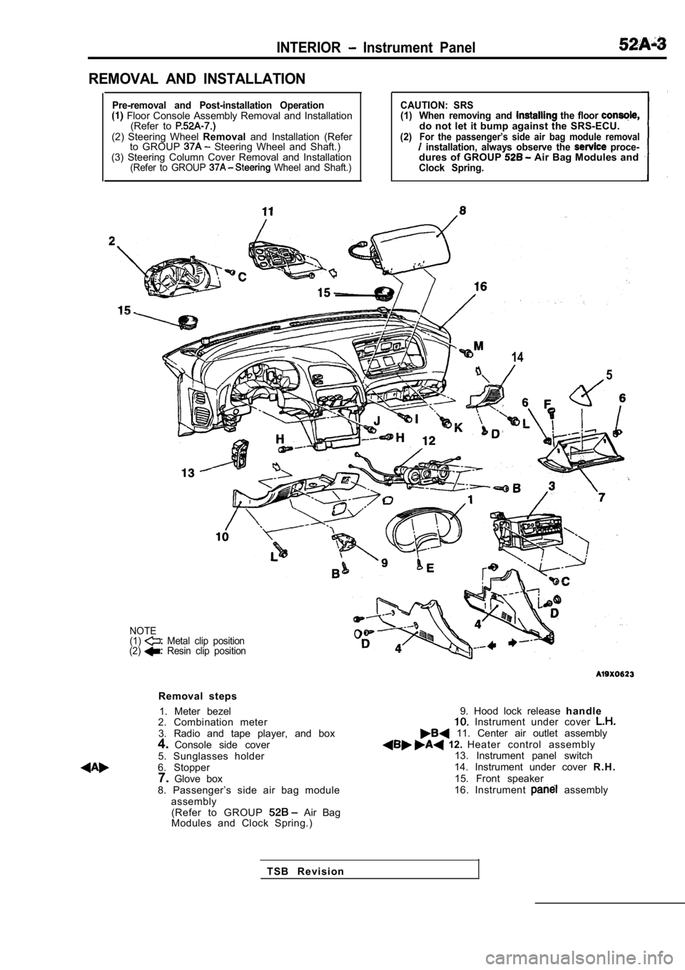 MITSUBISHI SPYDER 1990  Service Repair Manual INTERIOR  Instrument  Panel
REMOVAL  AND  INSTALLATION
Pre-removal  and  Post-installation  Operation  Floor  Console  Assembly  Removal  and  Installation(Refer  to 
(2)  Steering  Wheel  Removaland 