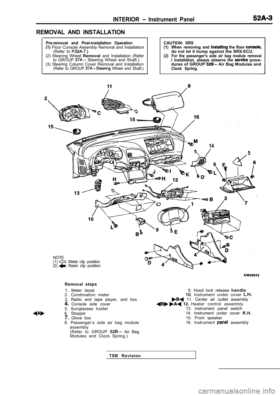 MITSUBISHI SPYDER 1990 Service Repair Manual INTERIOR Instrument Panel
REMOVAL AND INSTALLATION
Pre-removal and Post-installation Operation Floor Console Assembly Removal and Installation(Refer to
(2) Steering Wheel Removaland MITSUBISHI SPYDER 1990 Service Repair Manual INTERIOR Instrument Panel
REMOVAL AND INSTALLATION
Pre-removal and Post-installation Operation Floor Console Assembly Removal and Installation(Refer to
(2) Steering Wheel Removaland