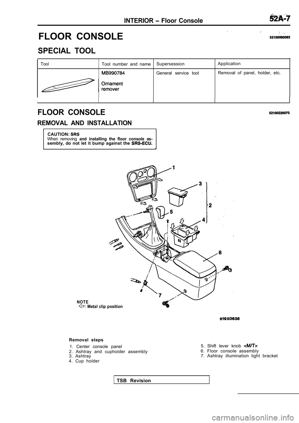 MITSUBISHI SPYDER 1990  Service Repair Manual INTERIOR  Floor  Console
FLOOR  CONSOLE
SPECIAL  TOOL
ToolTool  number  and  nameSupersession Application
General  service  tool Removal  of  panel,  holder,  etc.
FLOOR  CONSOLE
REMOVAL  AND  INSTALL