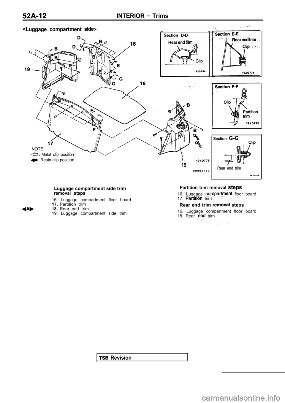 MITSUBISHI SPYDER 1990  Service Repair Manual INTERIOR Trims
<Luggage  compartment 
Section  D-D
Metal  clip  position
 Resin clip position
19
0 0 0 0 4 7 5 0
SectionG-G
Rear  end  trim
Luggage compartment side trimremoval  steps
16.  Luggage  co