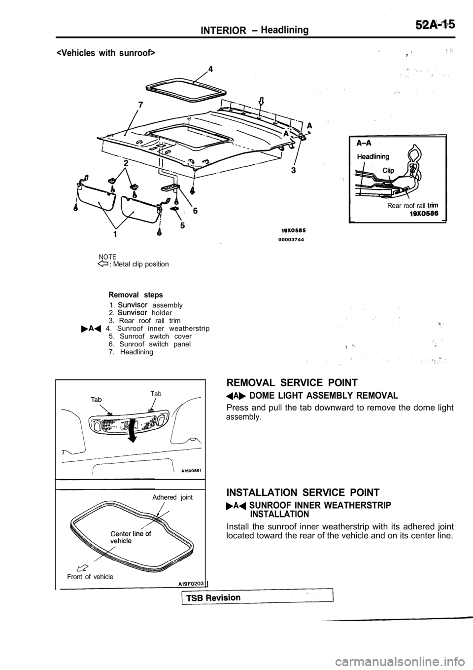 MITSUBISHI SPYDER 1990  Service Repair Manual <Vehicles  with  sunroof>
INTERIOR  Headlining
,
00003744
NOTE Metal clip position
Rear  roof  rail 
Removal  steps
1.  assembly
2.  holder
3.  Rear  roof  rail  trim
  4.  Sunroof  inner  weatherstri